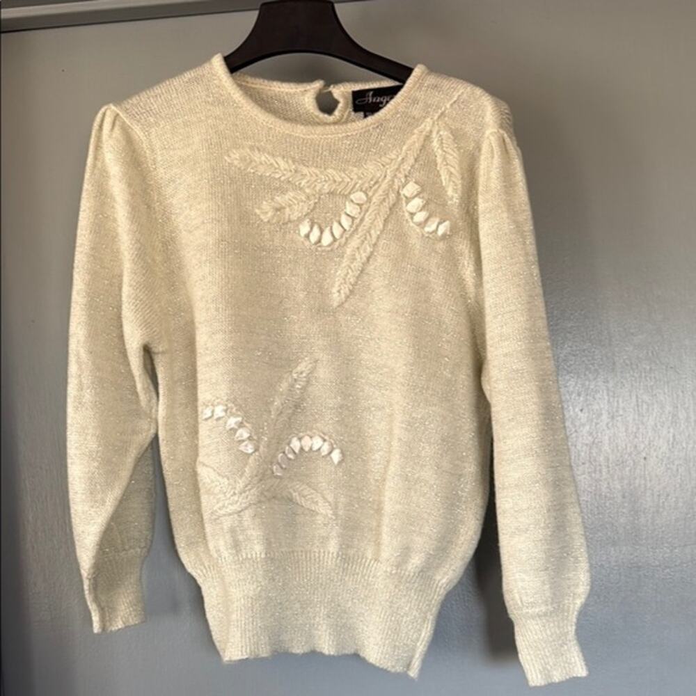 Vtg Angenie sz M Women's Metallic Embroidered Ribbon Long Sleeve Sweater